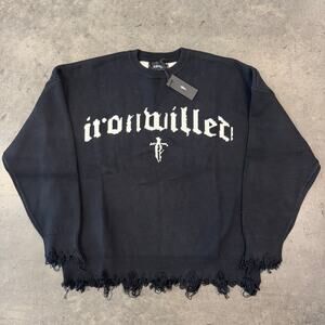 Ironwilled Black Cross Knit Longsleeve Frayed Heavy Weight Sweater Large NWT